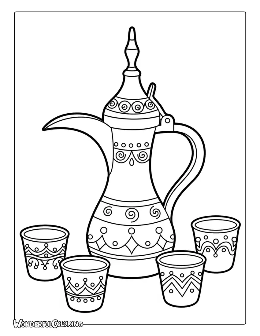 Arabian coffee set Dubai coloring page with dallah pot and decorative cups