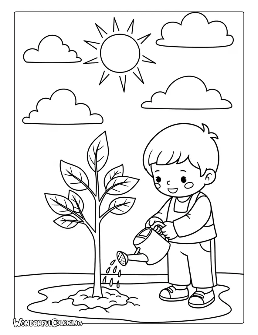 child watering tree sunny day arbor day coloring page