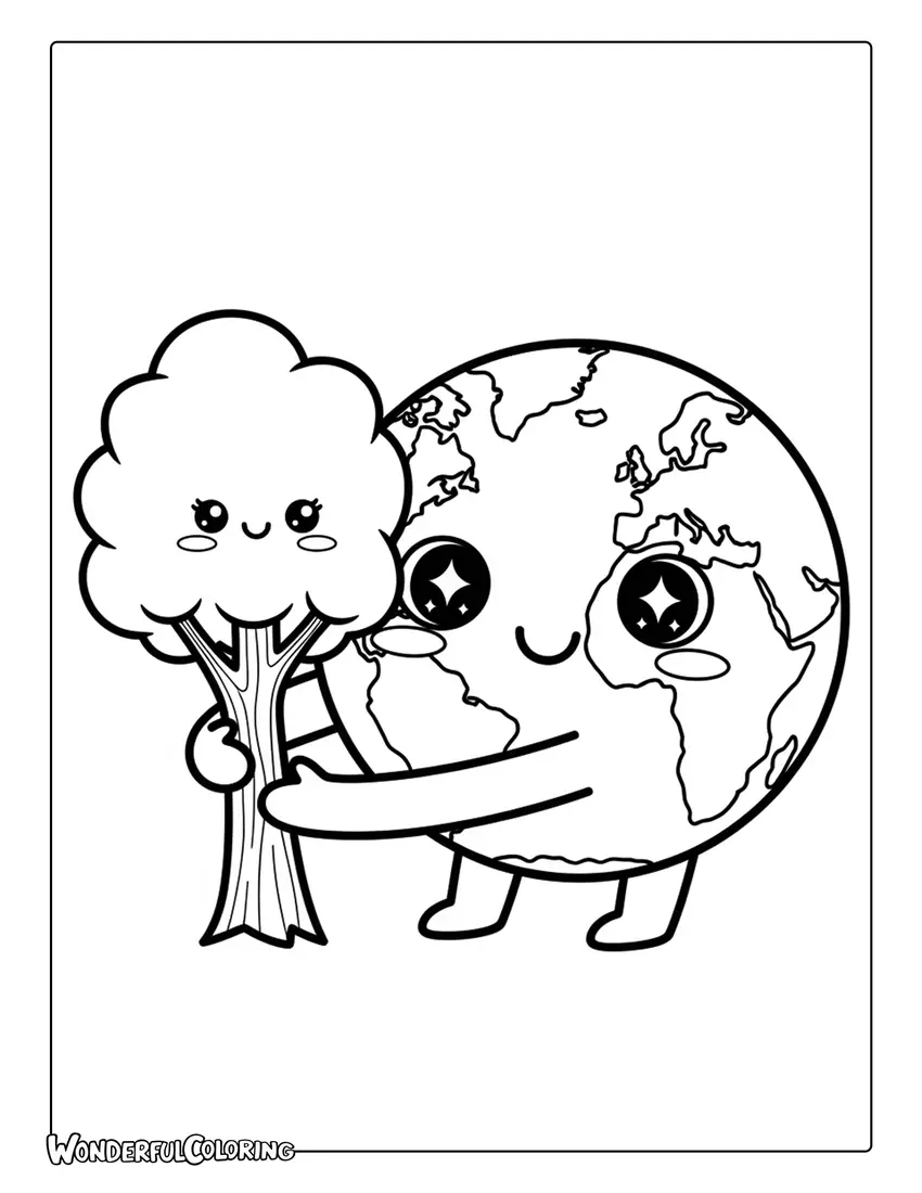 cute earth hugging tree kawaii arbor day coloring page