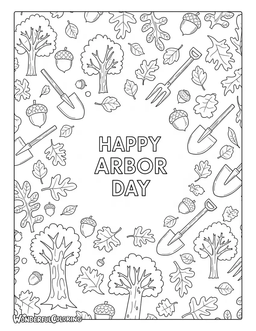 arbor day doodle leaves acorns tools coloring page