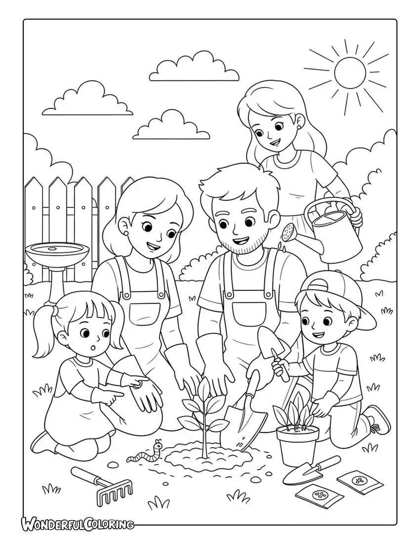 family planting sapling gardening arbor day coloring page