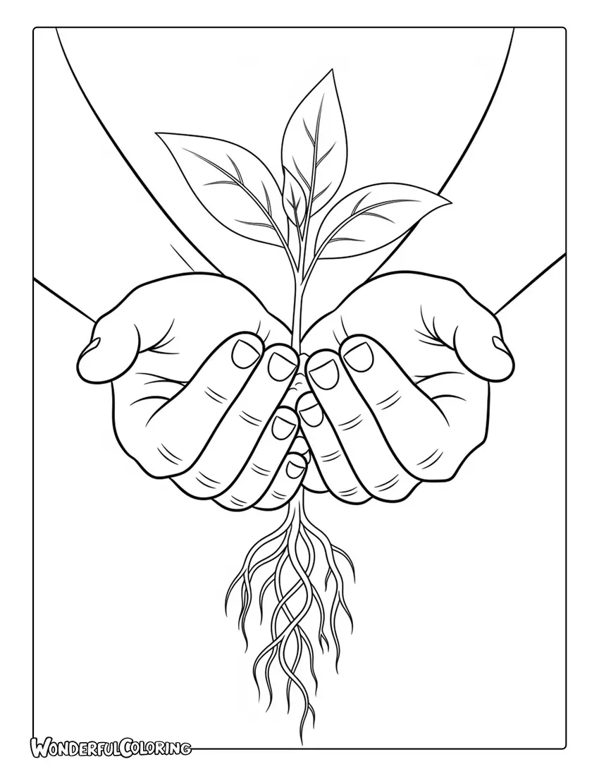hands holding seedling roots arbor day coloring page