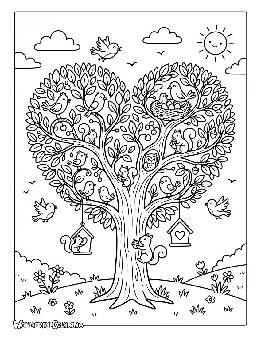 heart shaped tree with animals arbor day coloring page