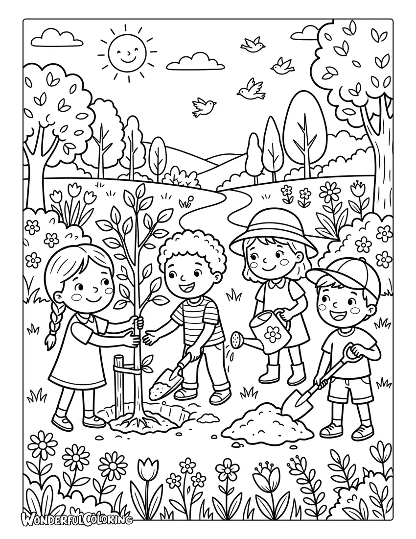 kids planting a tree in a sunny park arbor day coloring page
