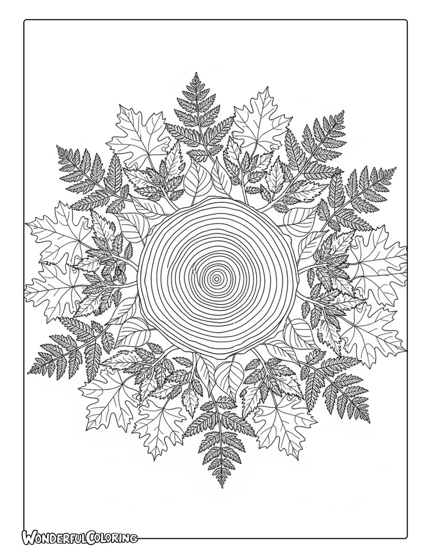 leaf mandala branches tree rings arbor day coloring page