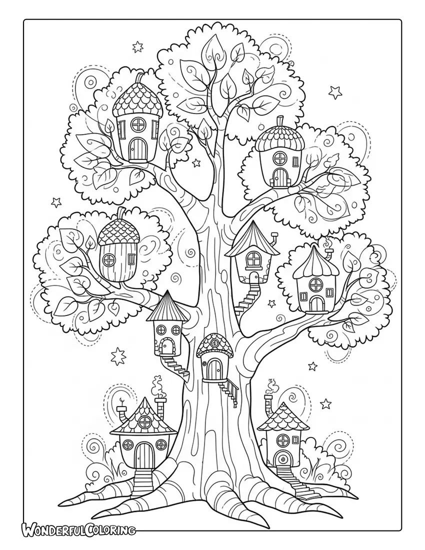 magical tree fairy houses arbor day coloring page