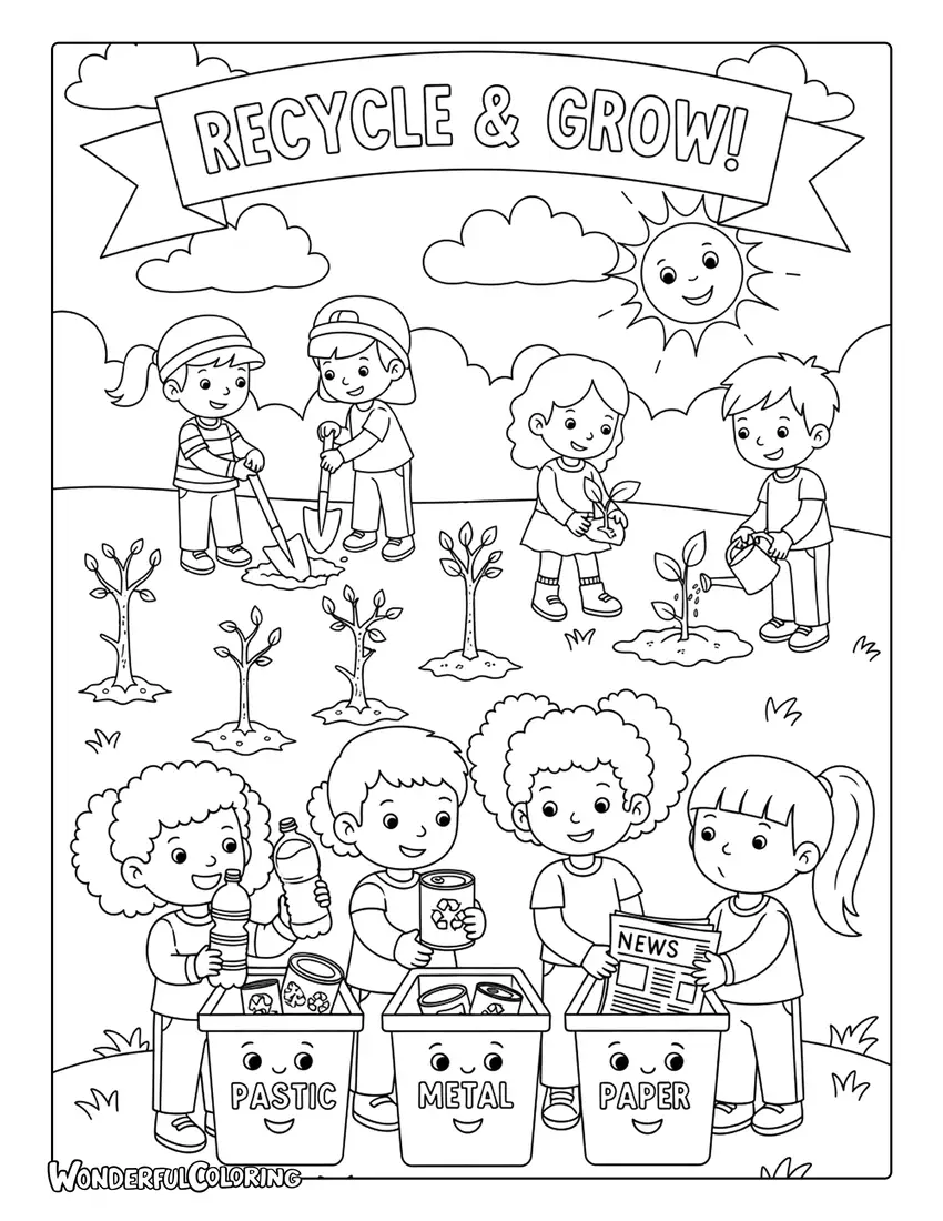 kids recycling planting trees arbor day coloring page