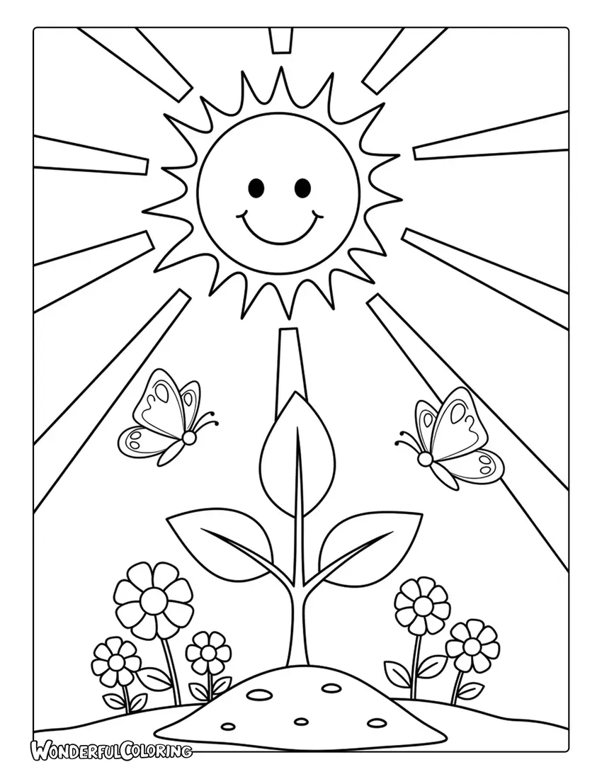 smiling sun tree butterflies flowers arbor day coloring page