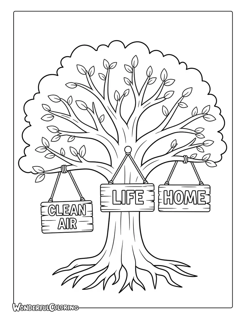 tree with signs clean air life home arbor day coloring page