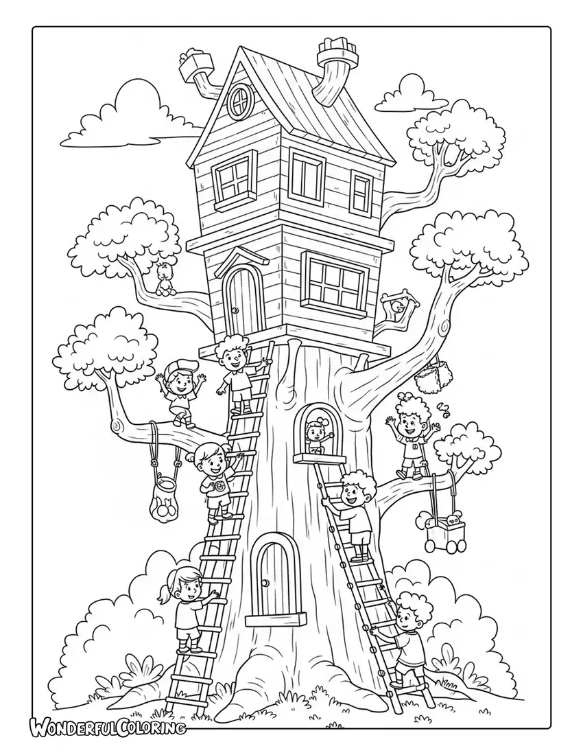 treehouse kids playing big tree arbor day coloring page