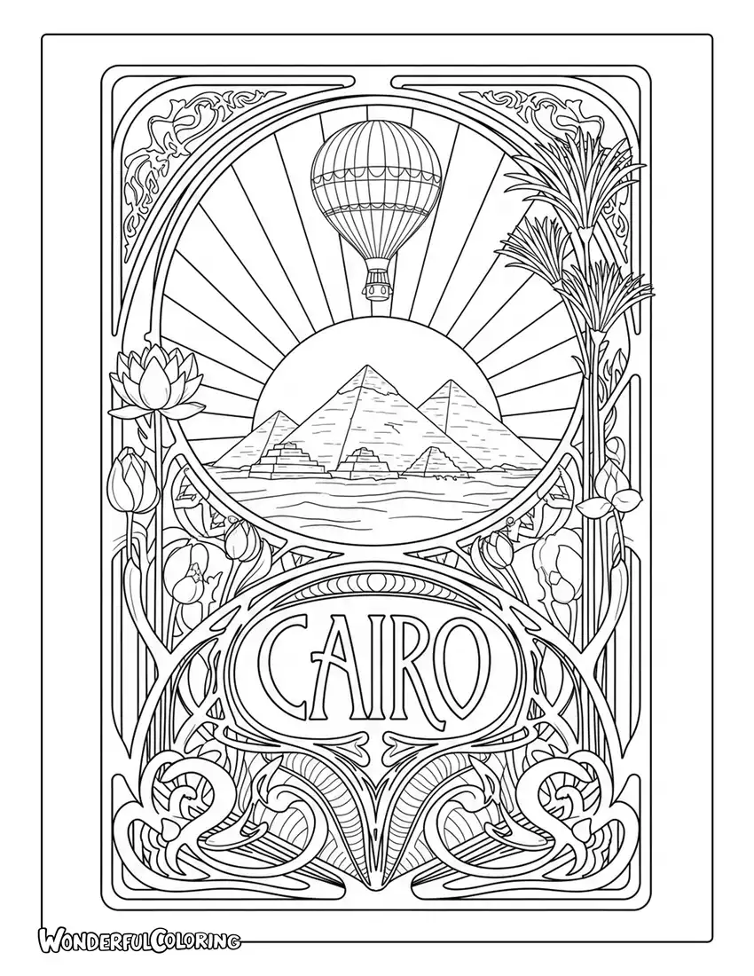 Art nouveau Cairo coloring page with pyramids, lotus flowers, and decorative borders