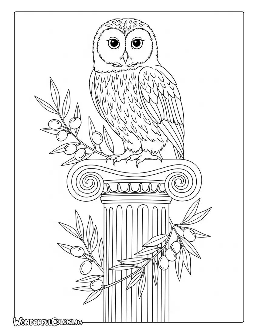 Athena owl marble column Greek symbol coloring page with olive branches
