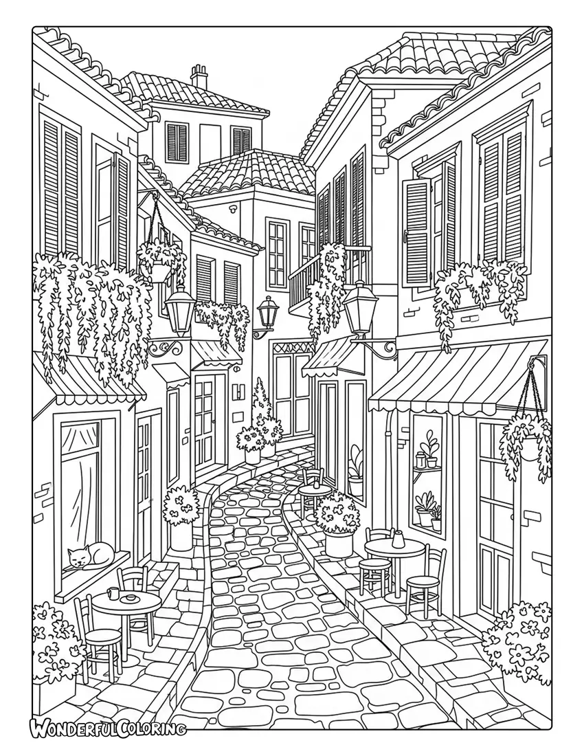 Athens Plaka street cobblestone houses coloring page with cafes and hanging plants
