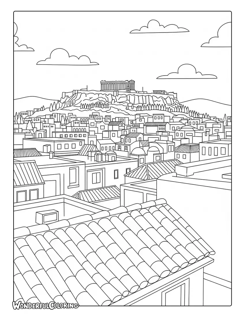Athens rooftop view Acropolis coloring page with layered city buildings