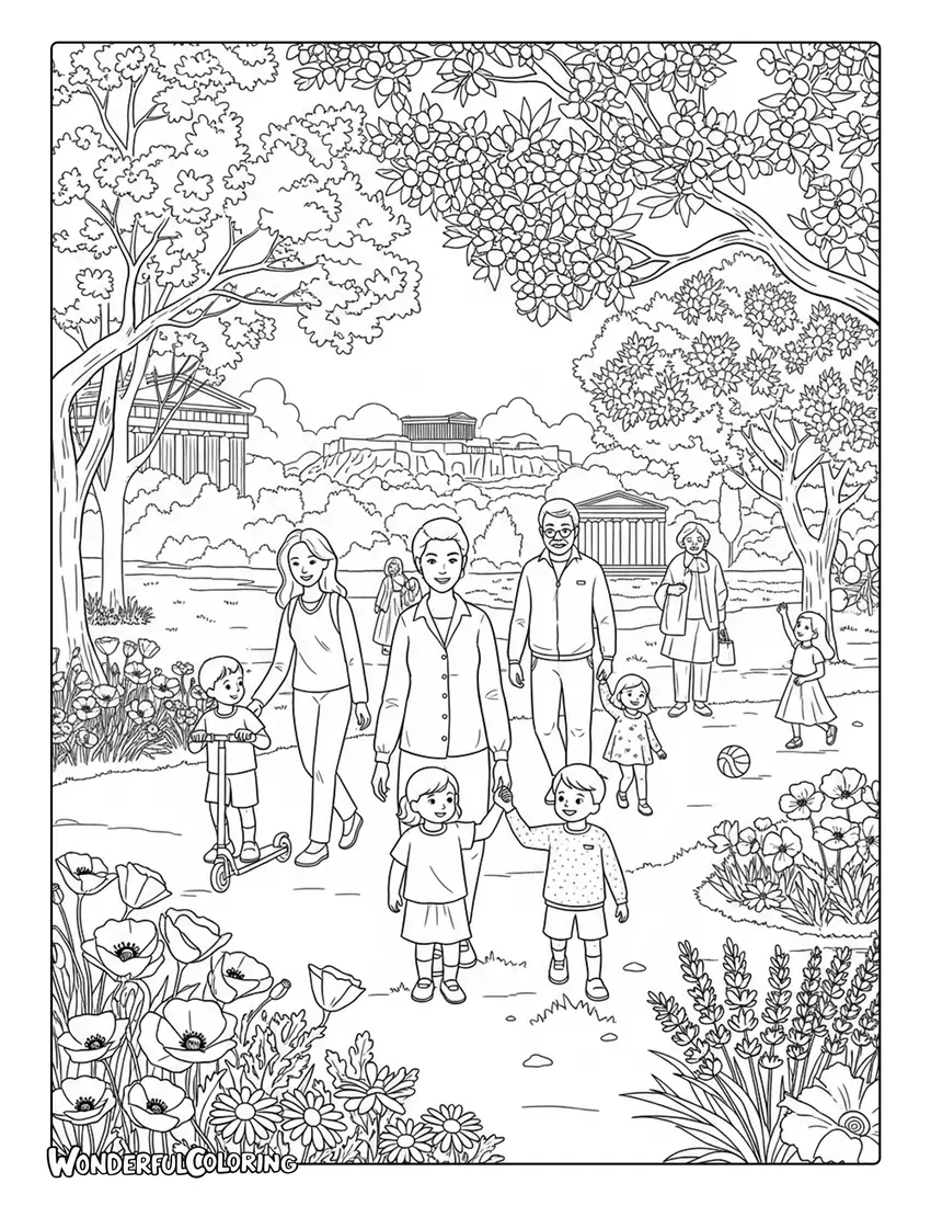 Athens spring park flowers city scene coloring page with blooming trees and people