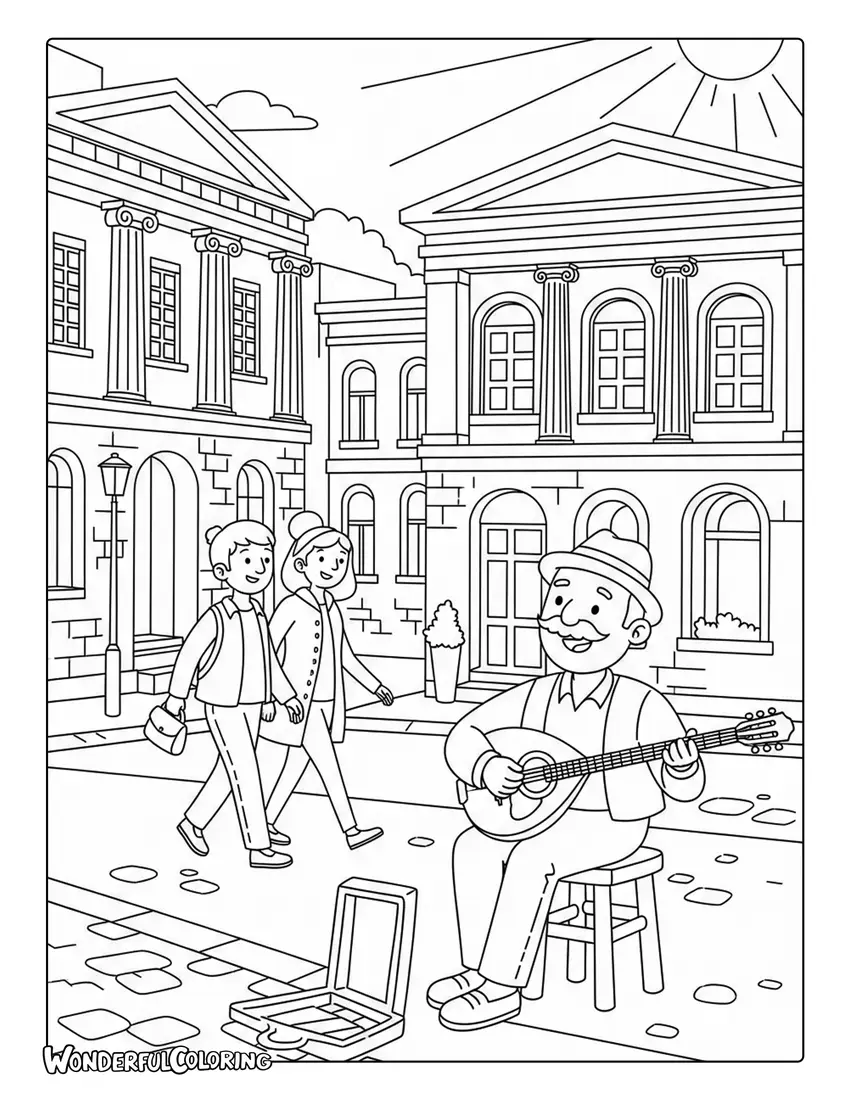 Athens street musicians bouzouki performance coloring page with lively city culture