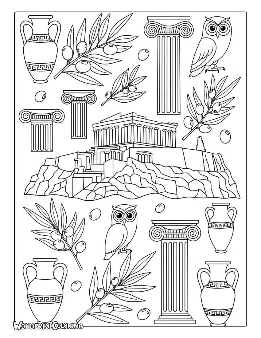 Athens symbolic collage columns olive branches coloring page with Greek cultural elements