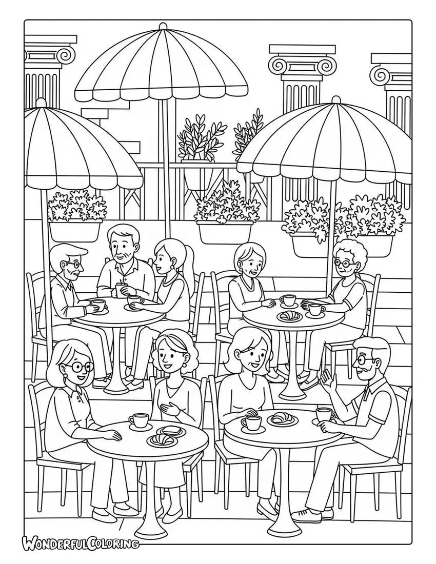 Athens traditional cafe coffee scene coloring page with outdoor tables and pastries