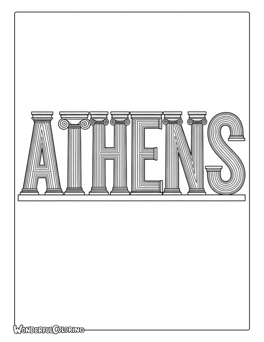 Athens word marble columns typography coloring page with ancient Greek architectural letters