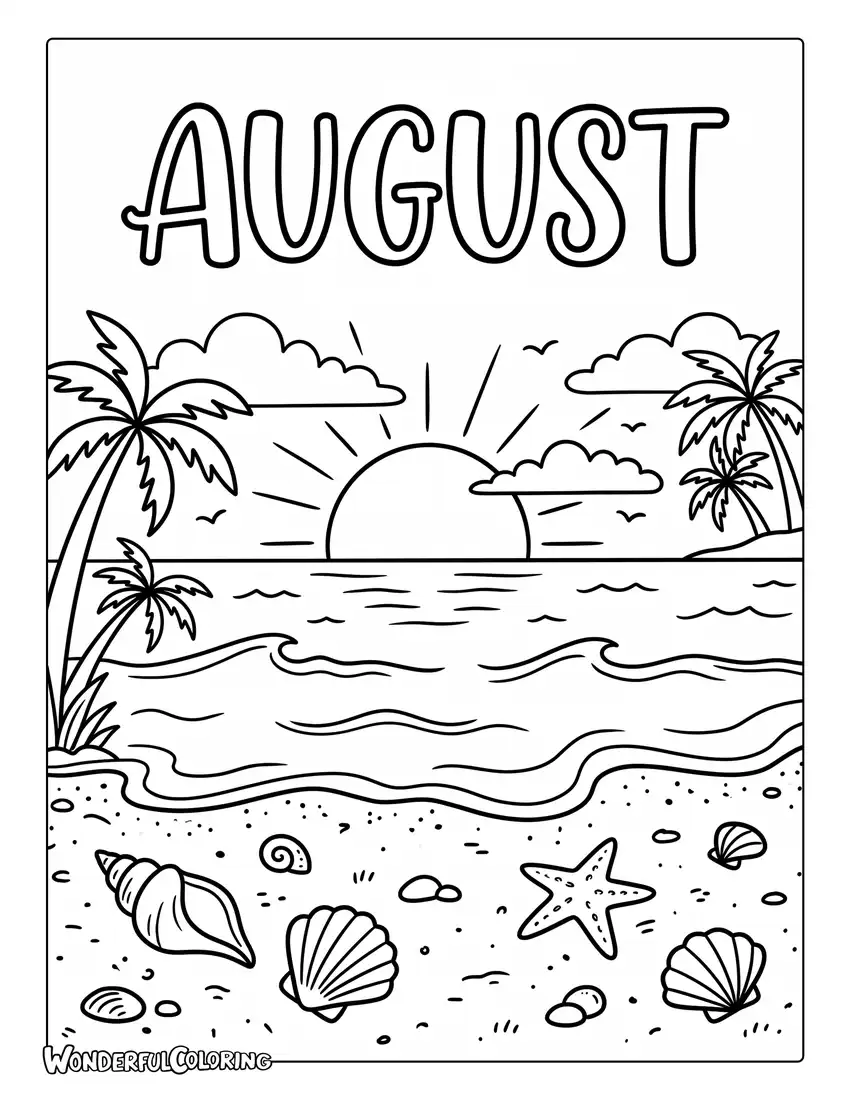 August beach sunset coloring page featuring sandy beach, palm trees, seashells, gentle waves, and colorful sunset clouds