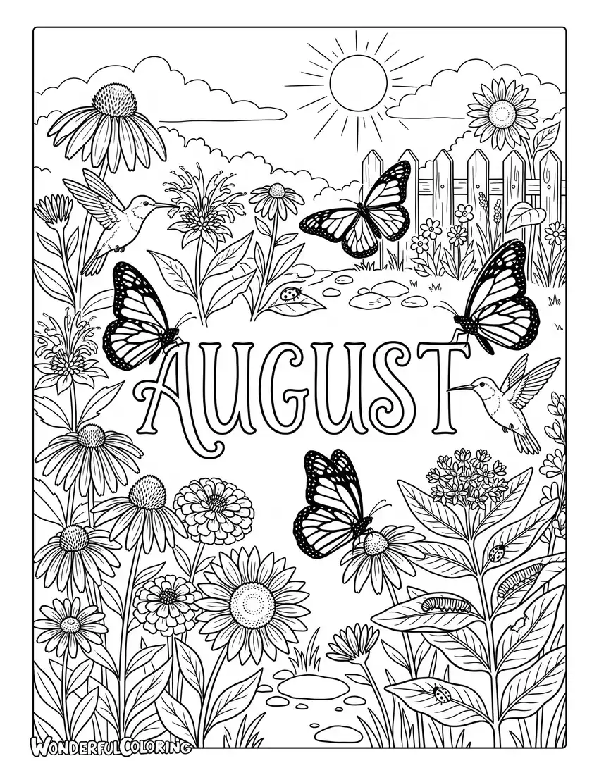 August butterfly garden coloring page with monarch butterflies, colorful flowers, and hummingbirds