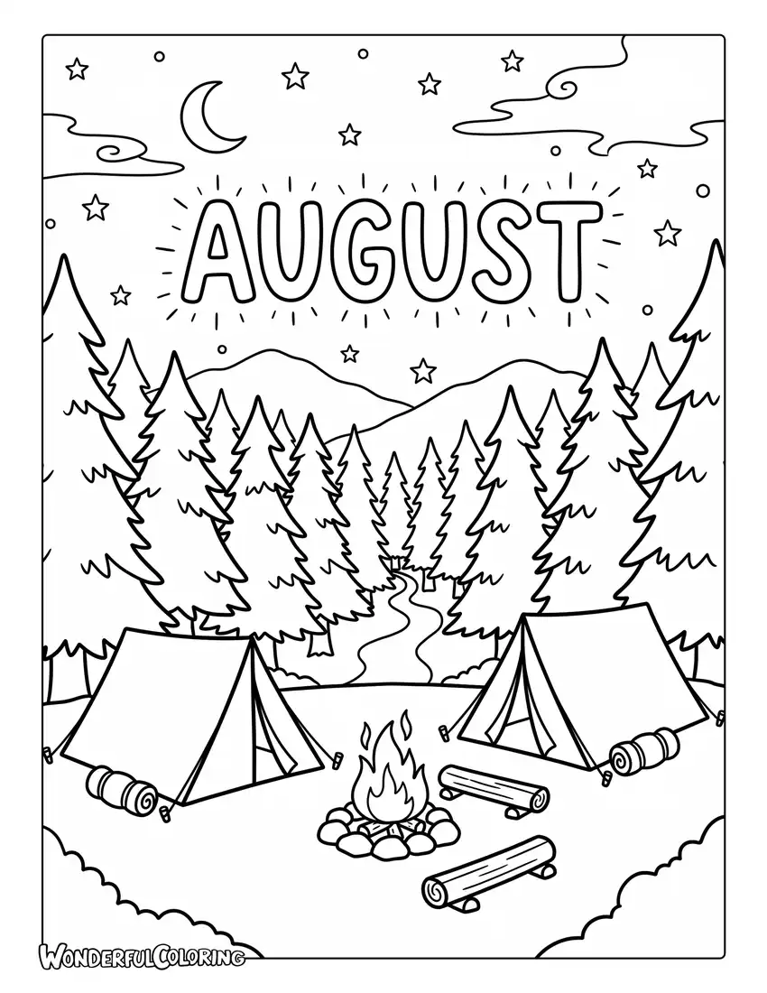 August camping night coloring page featuring tents, campfire, pine trees, and a starry sky