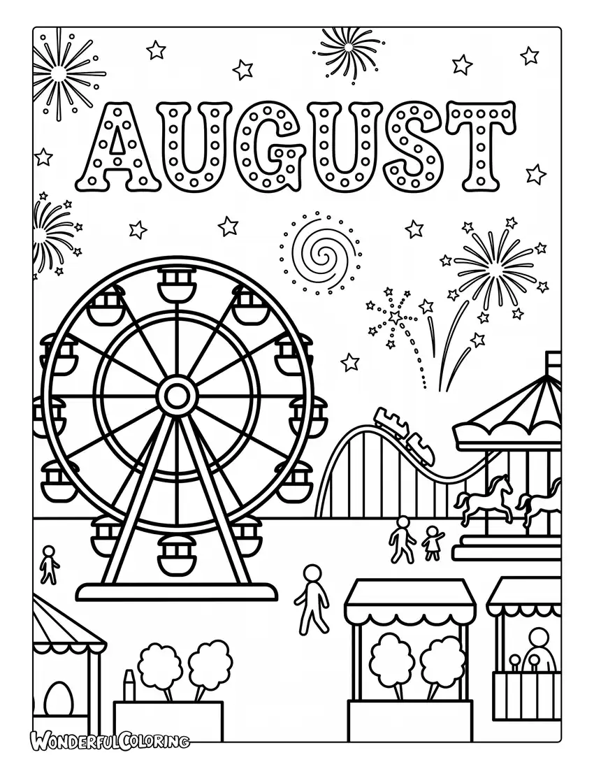 August carnival coloring page with Ferris wheel, carnival rides, cotton candy, and fireworks