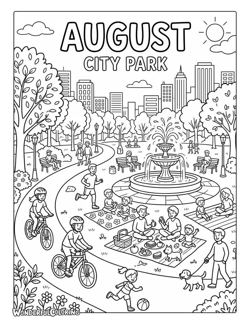 August city park coloring page with cyclists, joggers, fountains, picnic blankets, and leafy trees