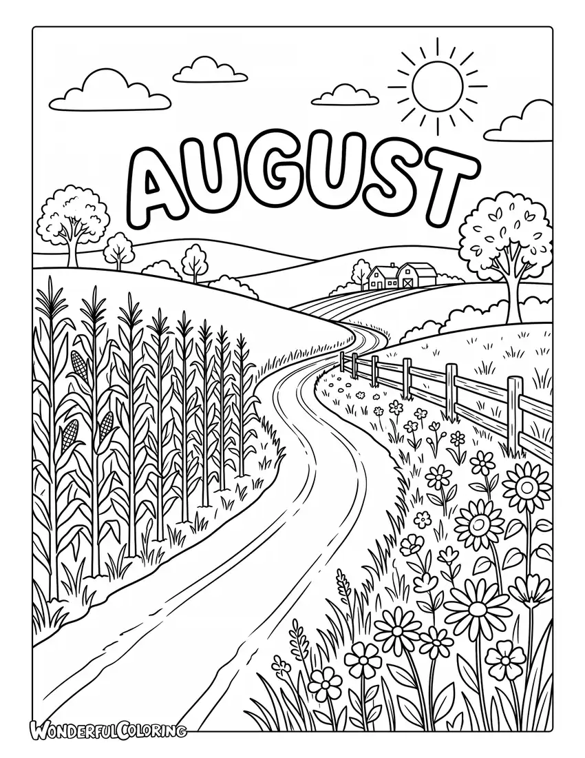 August country road coloring page with winding road, cornfields, wildflowers, and sunny countryside