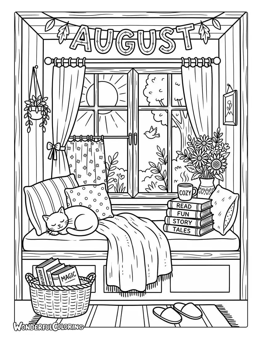 August cozy reading nook coloring page with window seat, books, blanket, flowers, and warm sunlight