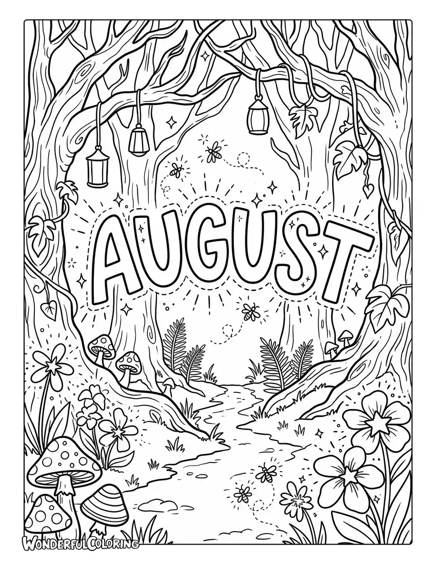 August enchanted forest coloring page featuring ancient trees, glowing flowers, mushrooms, and fireflies