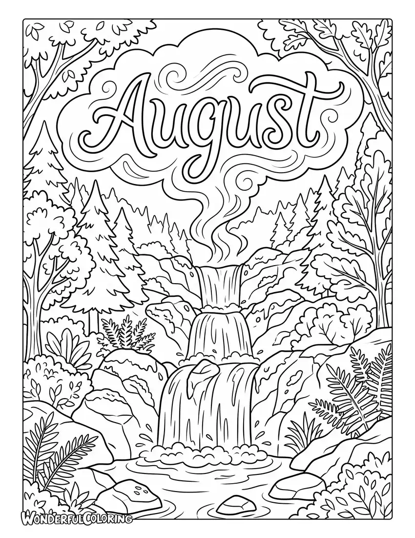 August forest waterfall coloring page featuring cascading waterfall, lush forest, and mist