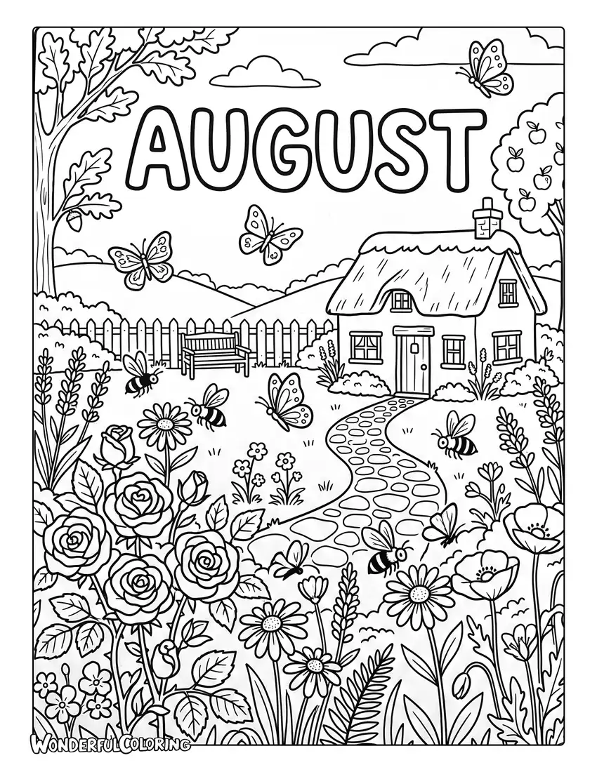 August garden bloom coloring page featuring blooming roses, daisies, butterflies, bees, and lush greenery