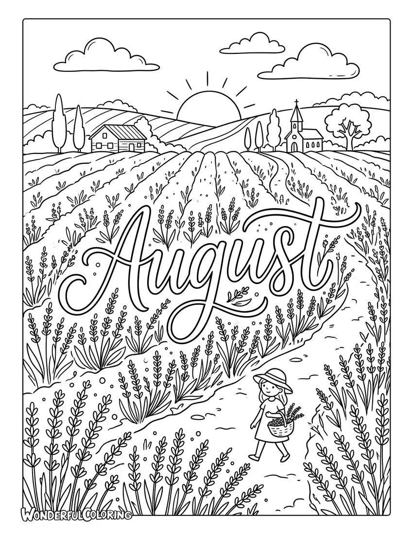 August lavender fields coloring page with blooming lavender, and golden evening sunlight