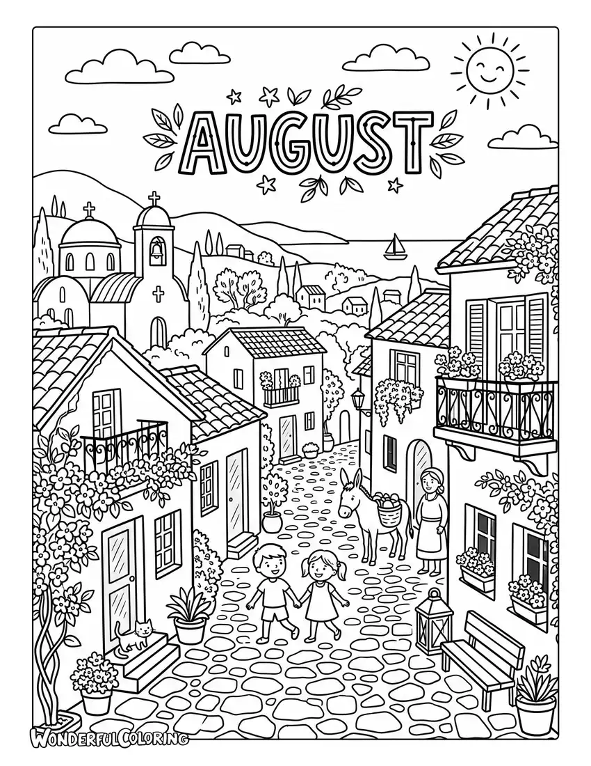 August Mediterranean village coloring page with white houses, blue doors, bougainvillea, and cobblestone streets