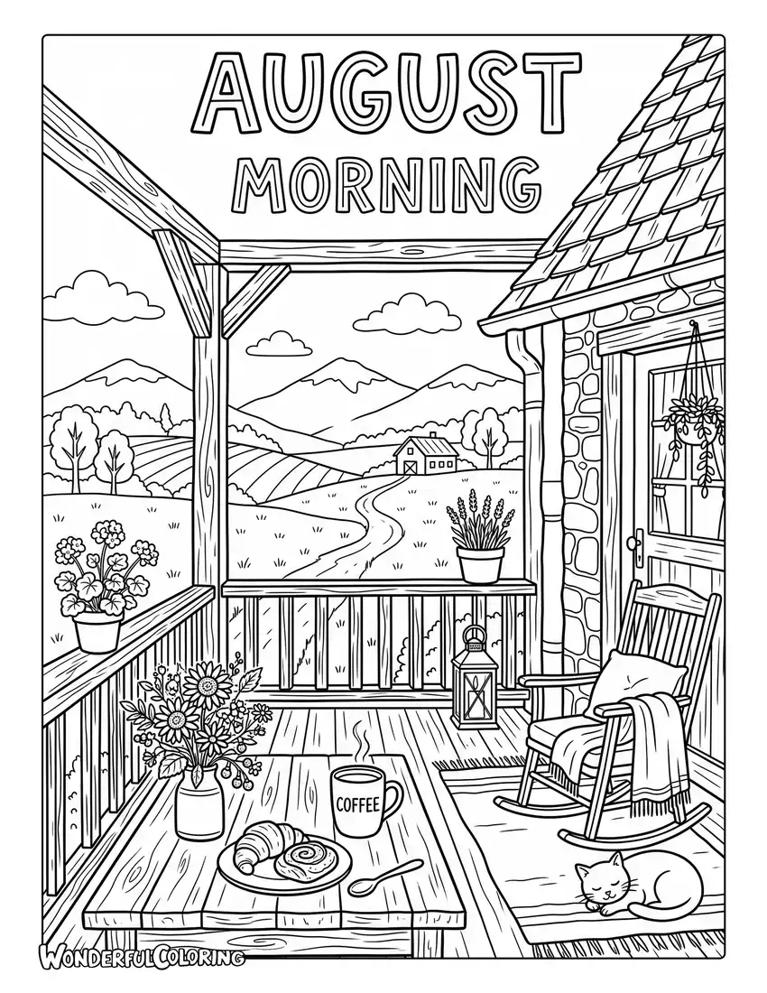 August morning porch coloring page featuring coffee, pastries, flowers, and countryside view