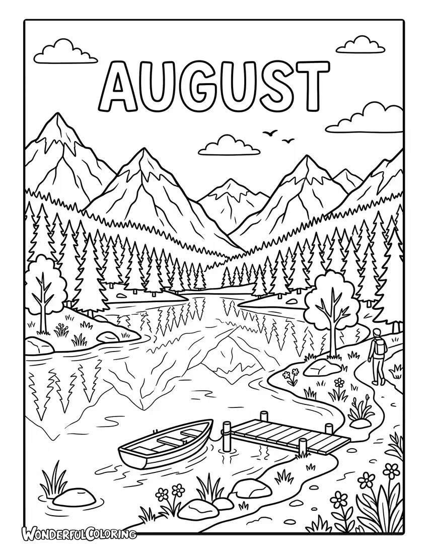 August mountain adventure coloring page featuring alpine lake, pine trees, and towering mountains