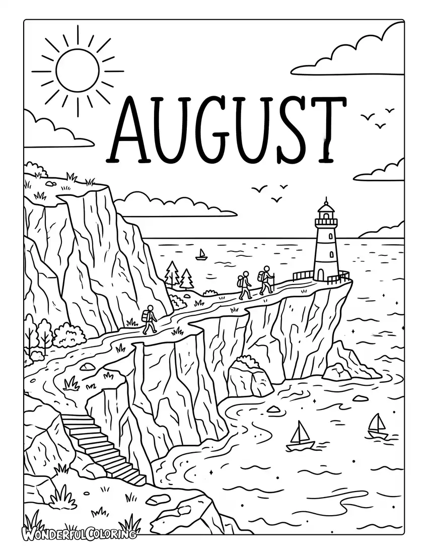 August ocean cliffs coloring page with dramatic cliffs, sparkling ocean, and blue summer sky