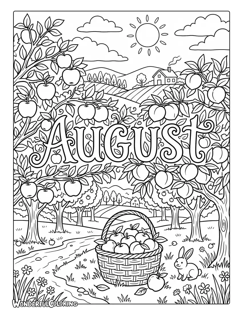 August orchard coloring page featuring apple trees, peach trees, ripe fruit, and wooden baskets