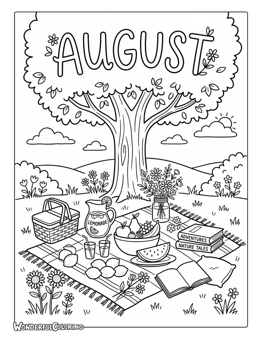 August picnic coloring page with picnic blanket, fresh fruit, lemonade, flowers, books, and a shady tree