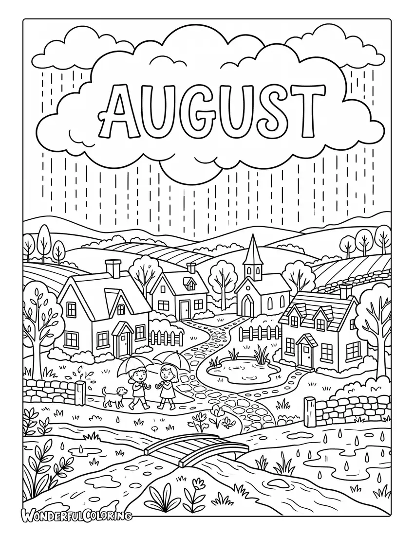 August rain shower coloring page with rainy village, clouds, reflections, and summer rain