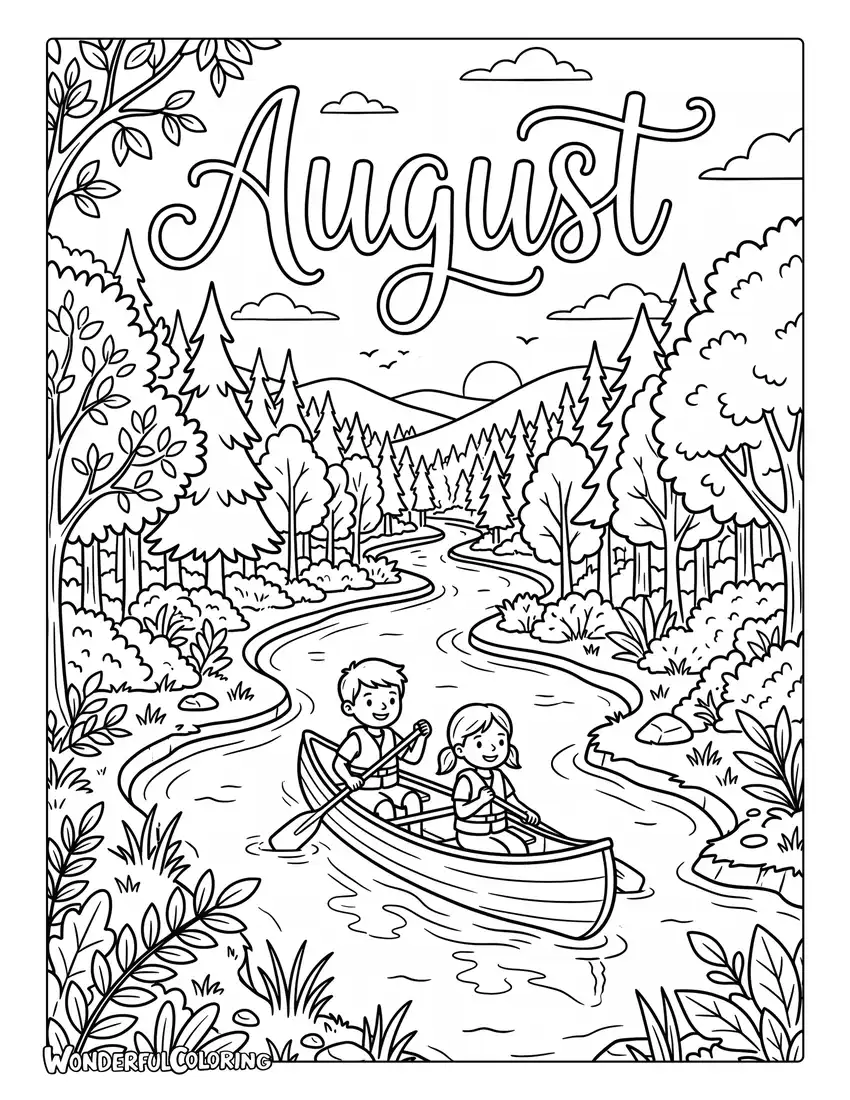 August river canoe coloring page featuring peaceful river, canoe, forest, and calm water