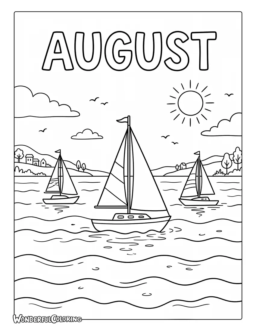 August sailboat escape coloring page featuring sailboats, calm blue water, and sunny sky