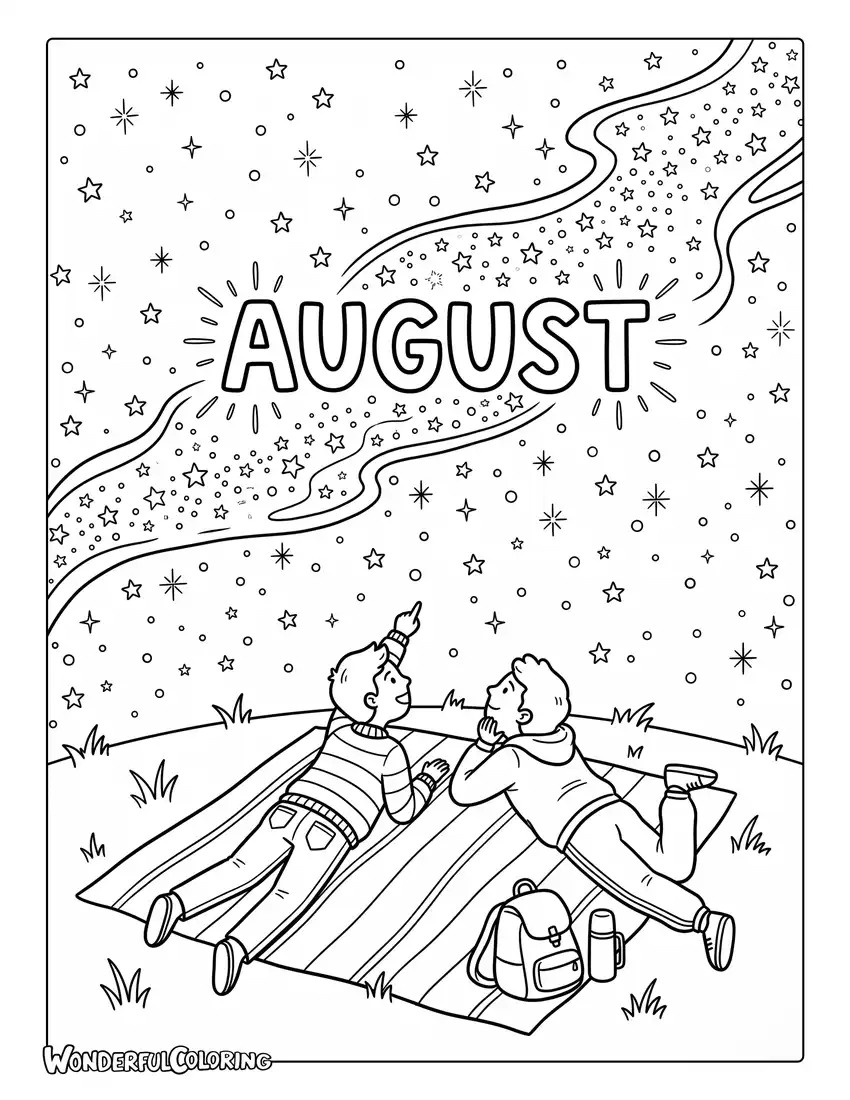 August stargazing coloring page featuring Milky Way, stars, blanket, and peaceful night sky