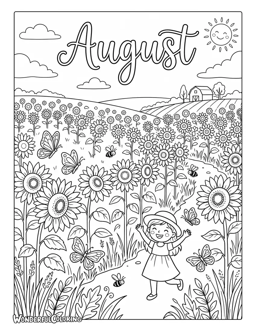 August sunflower field coloring page with blooming sunflowers, butterflies, and a bright blue summer sky