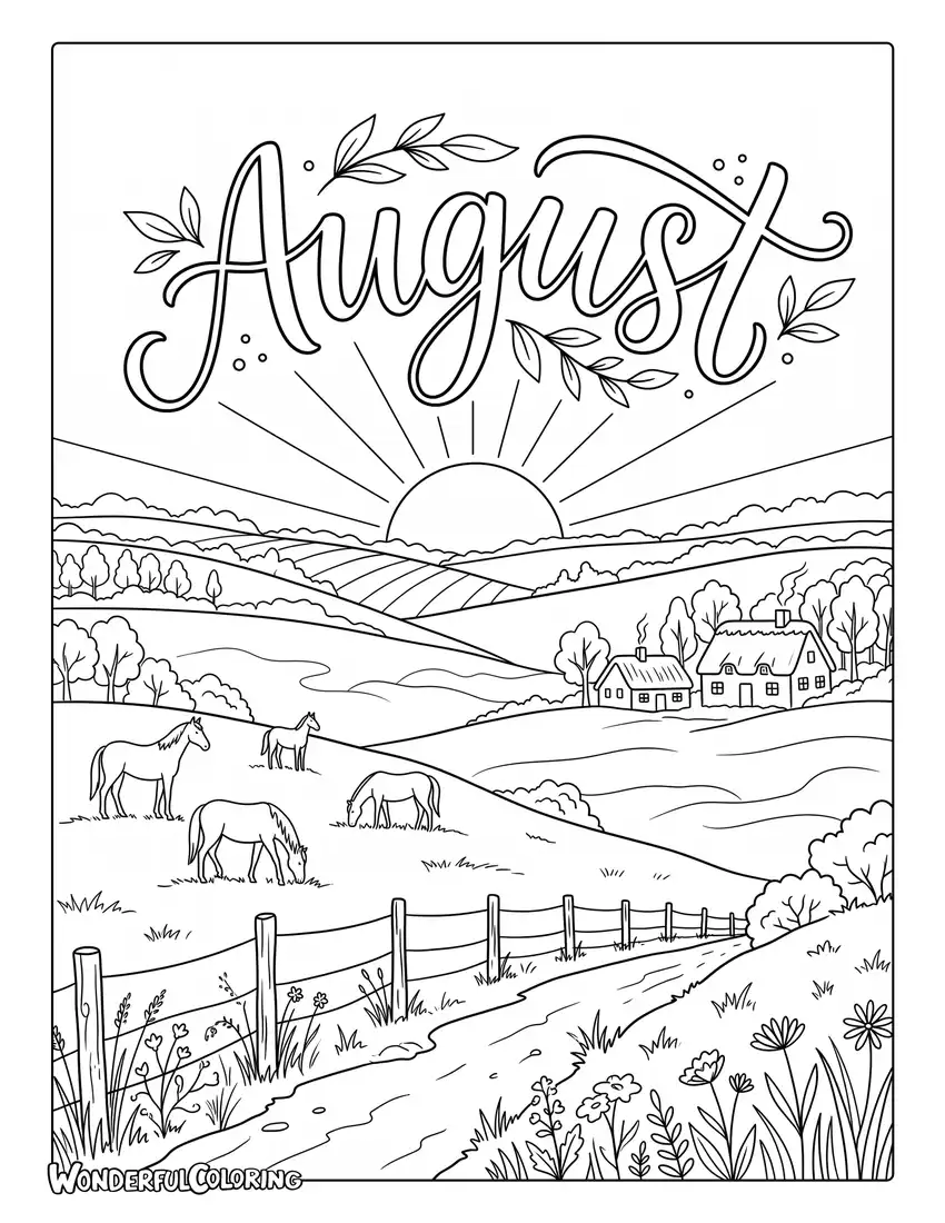 August sunrise countryside coloring page featuring rolling hills, horses, misty fields, and glowing sunrise