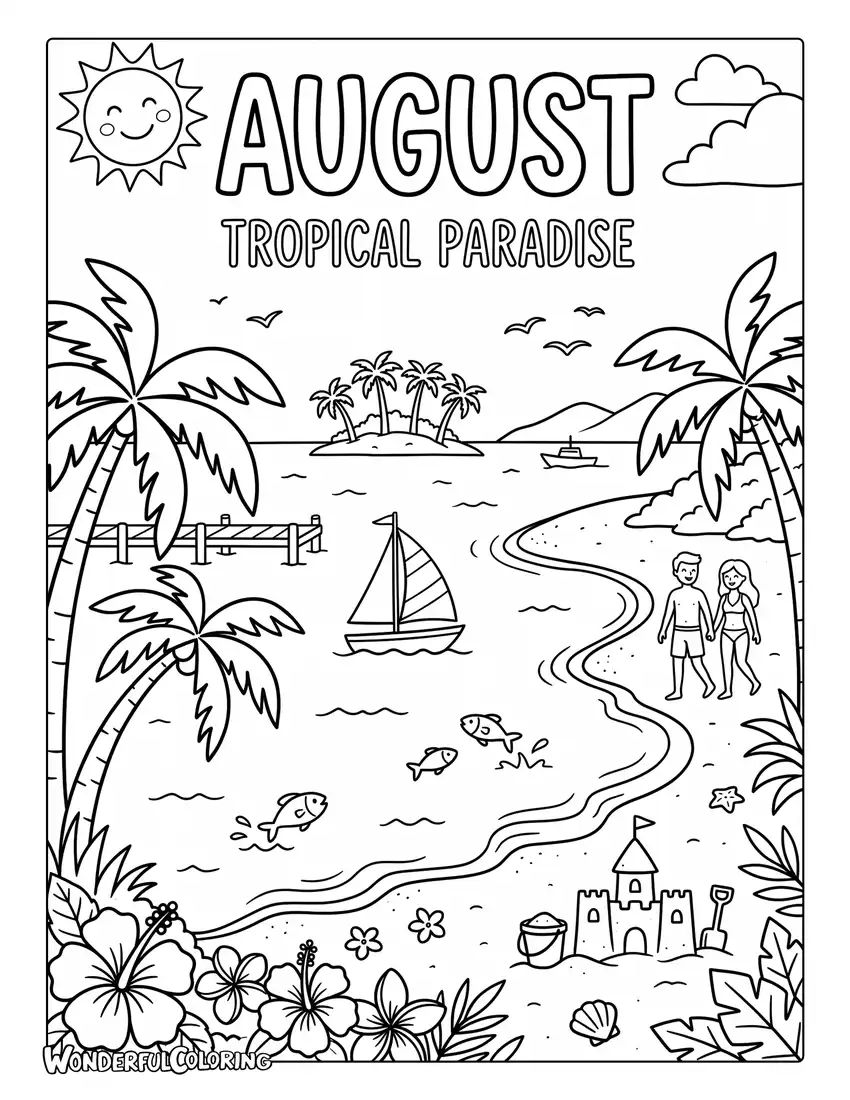 August tropical paradise coloring page with palm trees, white sandy beach, turquoise ocean, and tropical flowers
