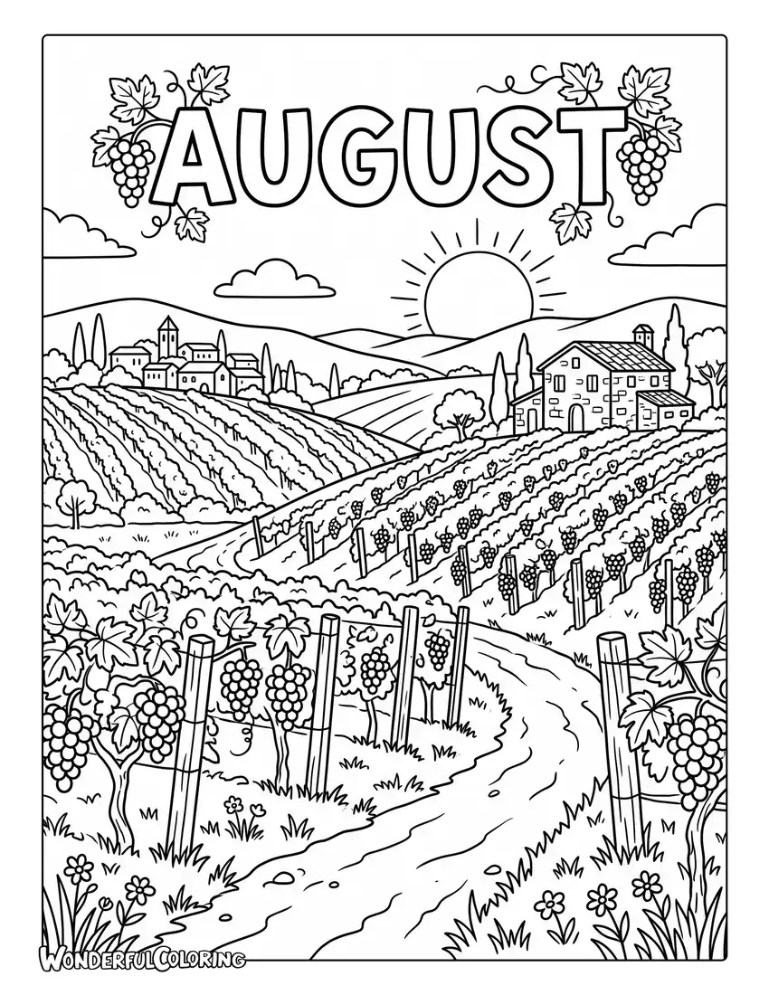 August vineyard coloring page with grapevines, rolling hills, and sunny countryside
