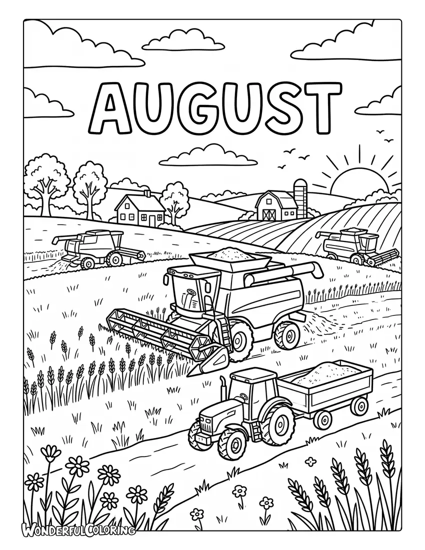 August wheat harvest coloring page featuring golden wheat fields, harvesting machines, and sunny countryside