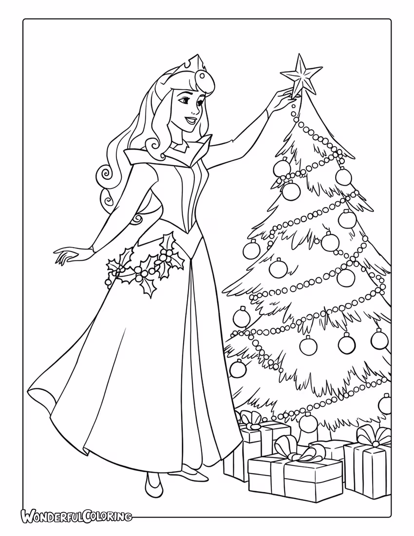 Aurora Decorating Christmas Tree Coloring Page